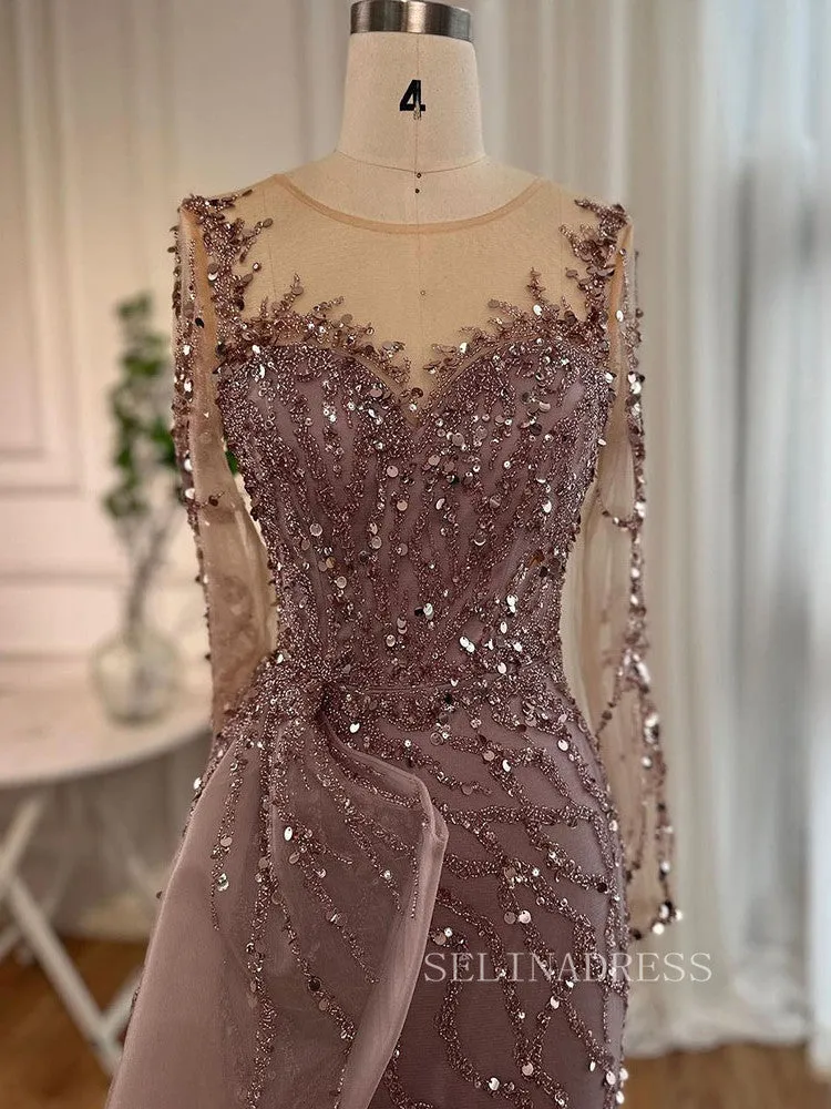 Luxury Mermaid Scoop Long Sleeve Evening Gowns Beaded Formal Dresses LA72044
