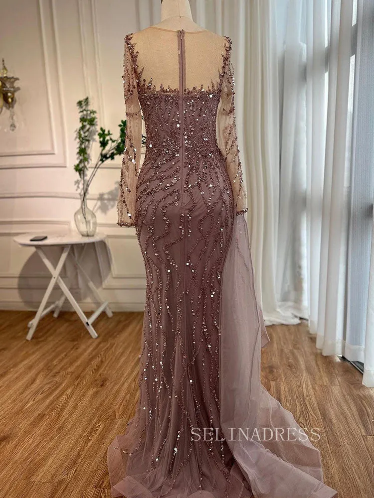 Luxury Mermaid Scoop Long Sleeve Evening Gowns Beaded Formal Dresses LA72044