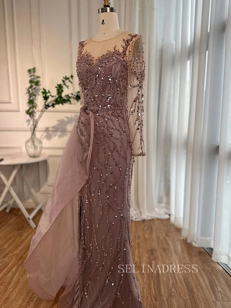 Luxury Mermaid Scoop Long Sleeve Evening Gowns Beaded Formal Dresses LA72044