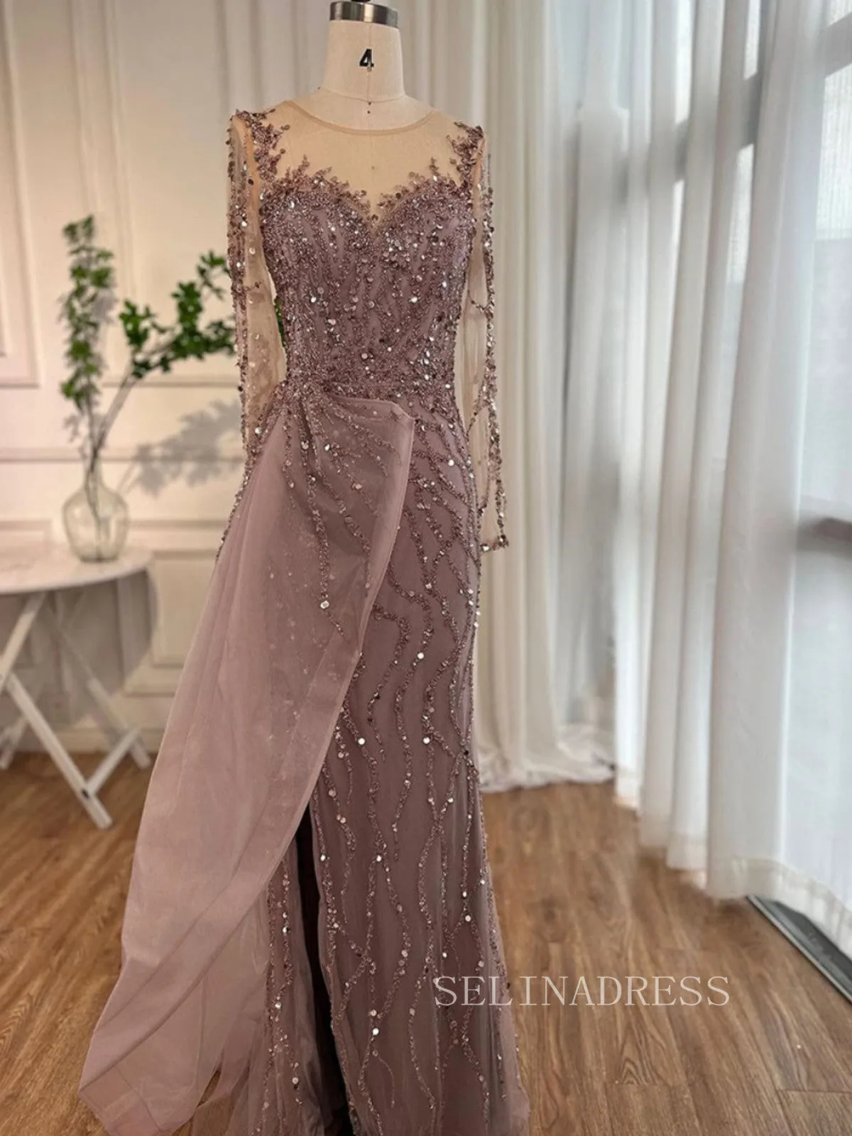 Luxury Mermaid Scoop Long Sleeve Evening Gowns Beaded Formal Dresses LA72044