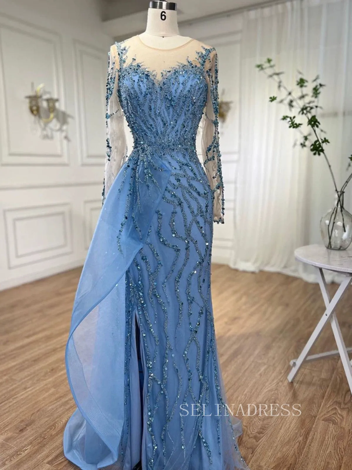 Luxury Mermaid Scoop Long Sleeve Evening Gowns Beaded Formal Dresses LA72044