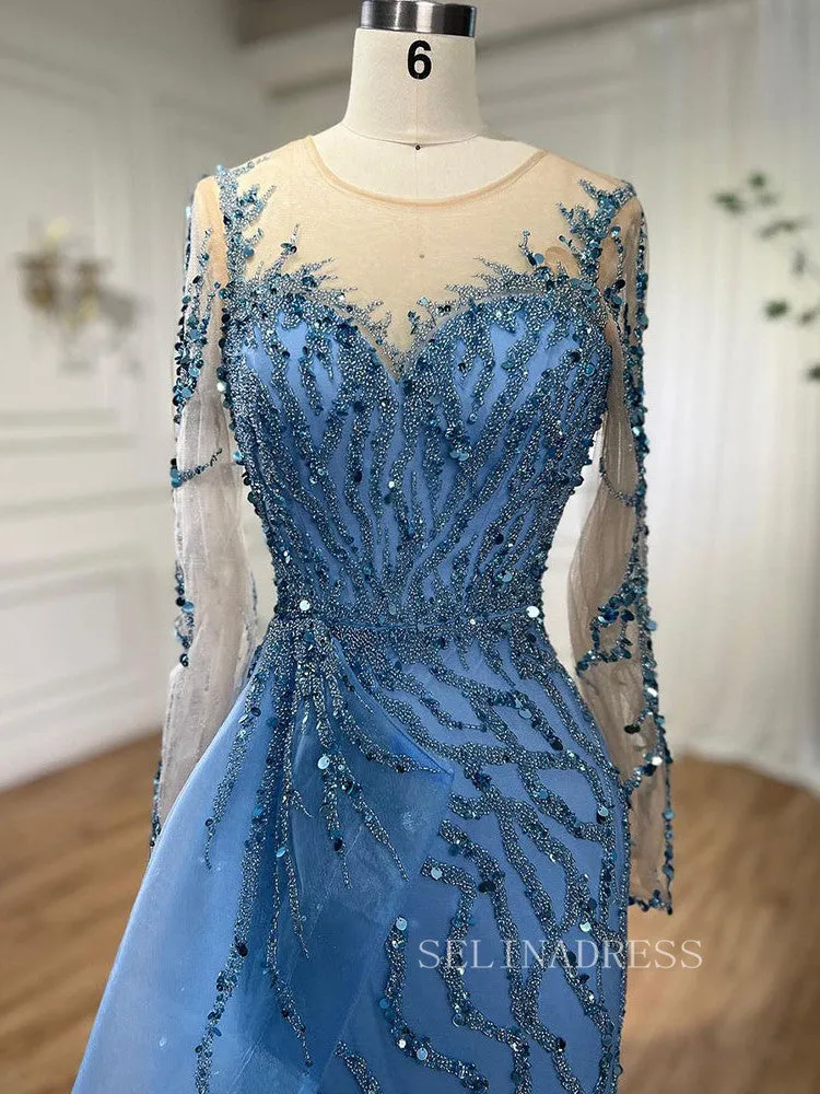 Luxury Mermaid Scoop Long Sleeve Evening Gowns Beaded Formal Dresses LA72044