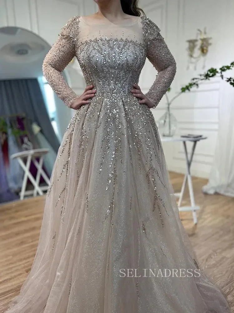 Luxury Scoop Long Sleeve Evening Gowns Beaded Formal Dresses LA71915