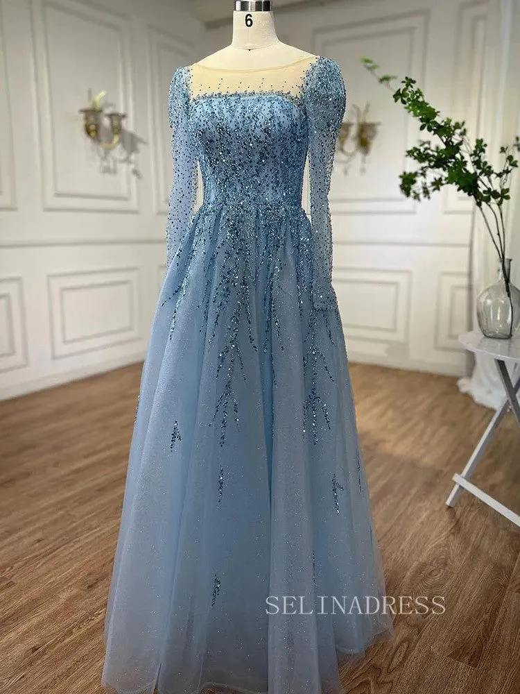 Luxury Scoop Long Sleeve Evening Gowns Beaded Formal Dresses LA71915
