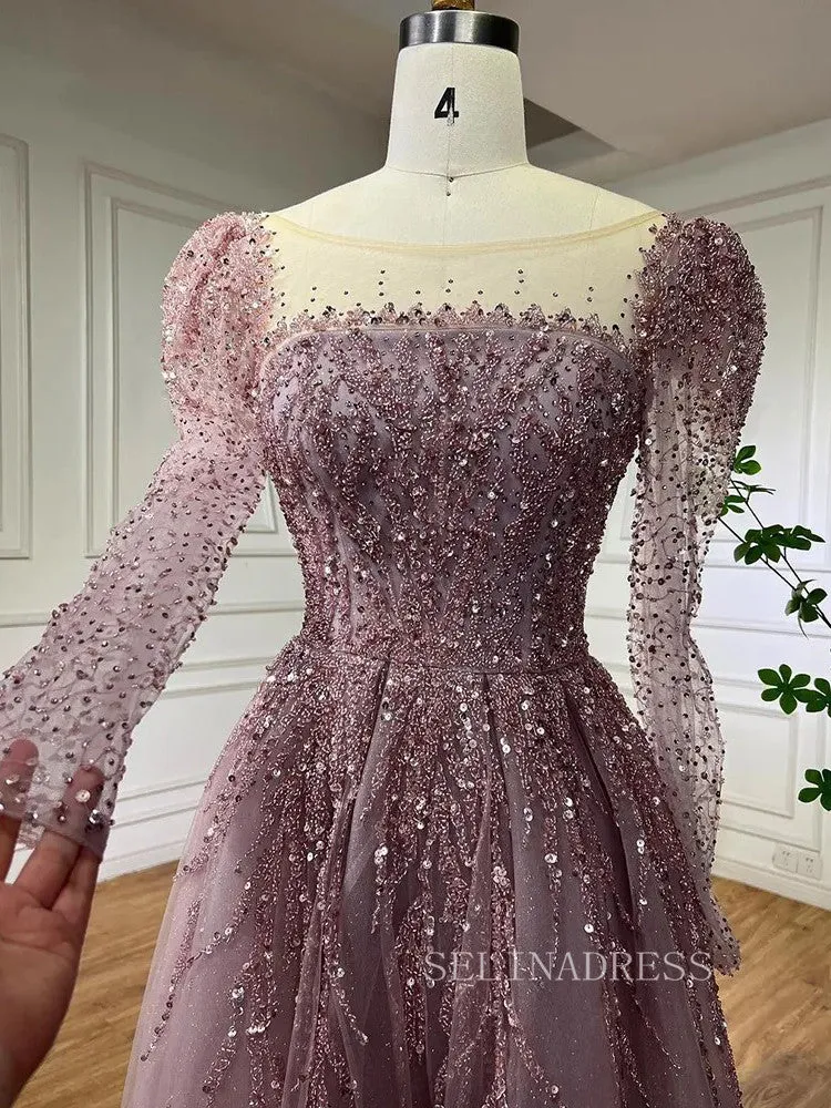 Luxury Scoop Long Sleeve Evening Gowns Beaded Formal Dresses LA71915