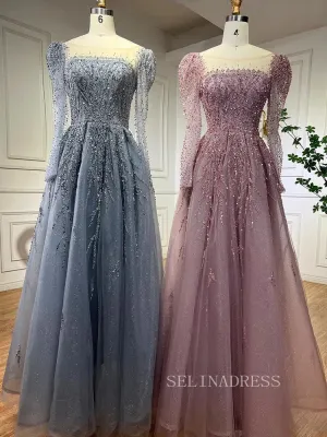 Luxury Scoop Long Sleeve Evening Gowns Beaded Formal Dresses LA71915