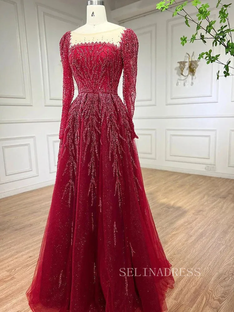 Luxury Scoop Long Sleeve Evening Gowns Beaded Formal Dresses LA71915