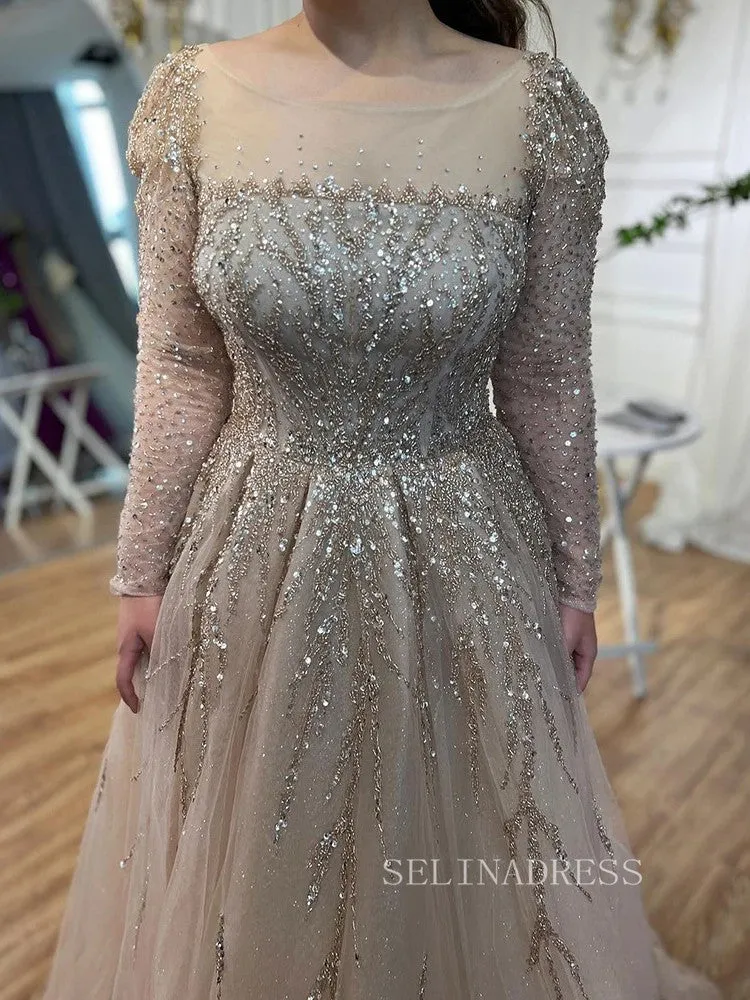 Luxury Scoop Long Sleeve Evening Gowns Beaded Formal Dresses LA71915