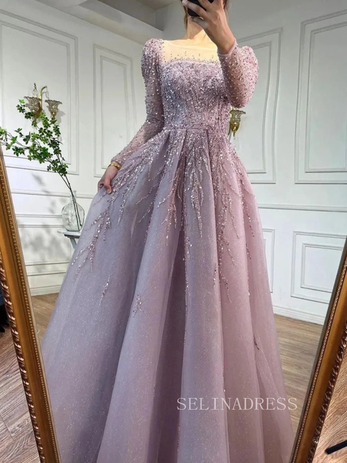 Luxury Scoop Long Sleeve Evening Gowns Beaded Formal Dresses LA71915