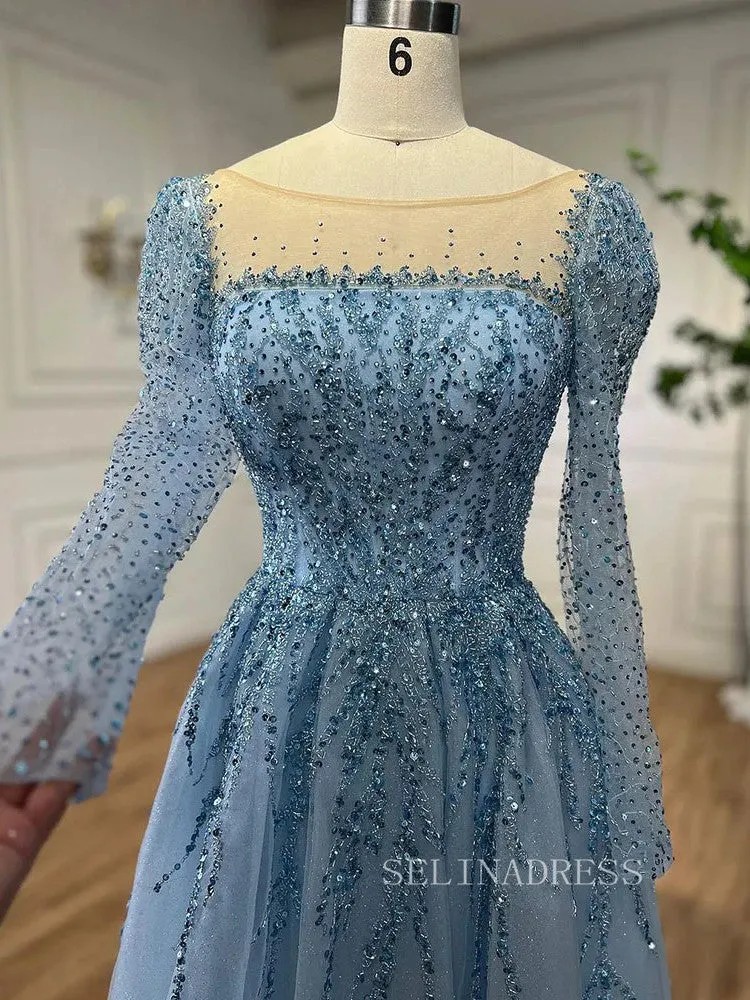 Luxury Scoop Long Sleeve Evening Gowns Beaded Formal Dresses LA71915