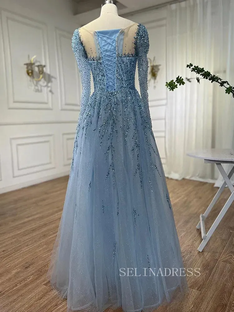 Luxury Scoop Long Sleeve Evening Gowns Beaded Formal Dresses LA71915