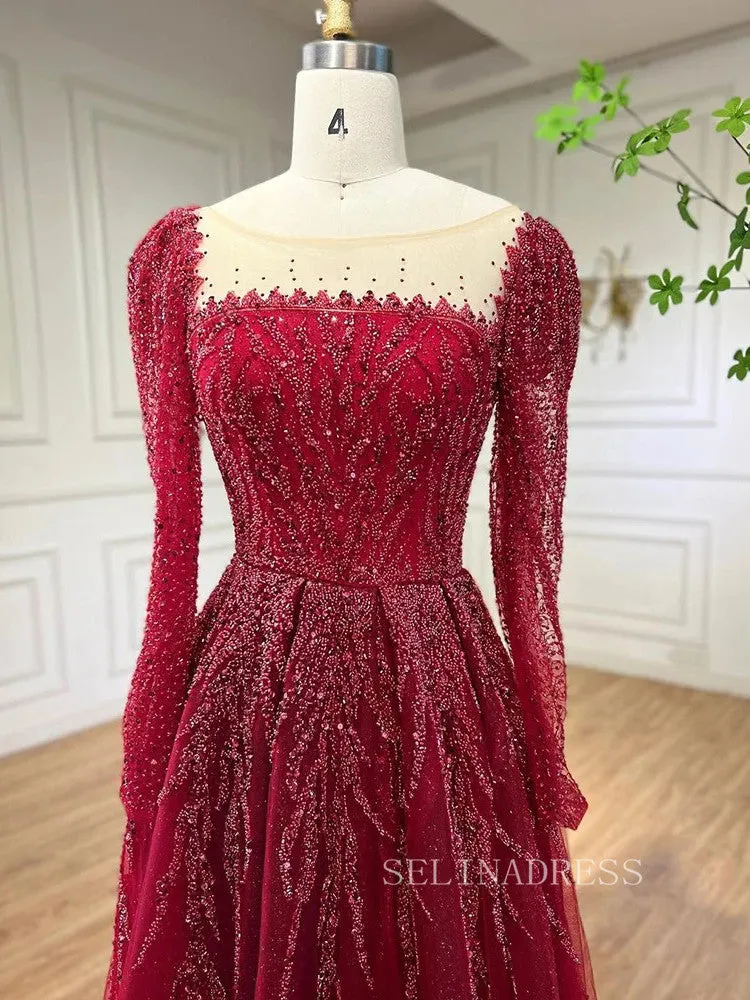 Luxury Scoop Long Sleeve Evening Gowns Beaded Formal Dresses LA71915
