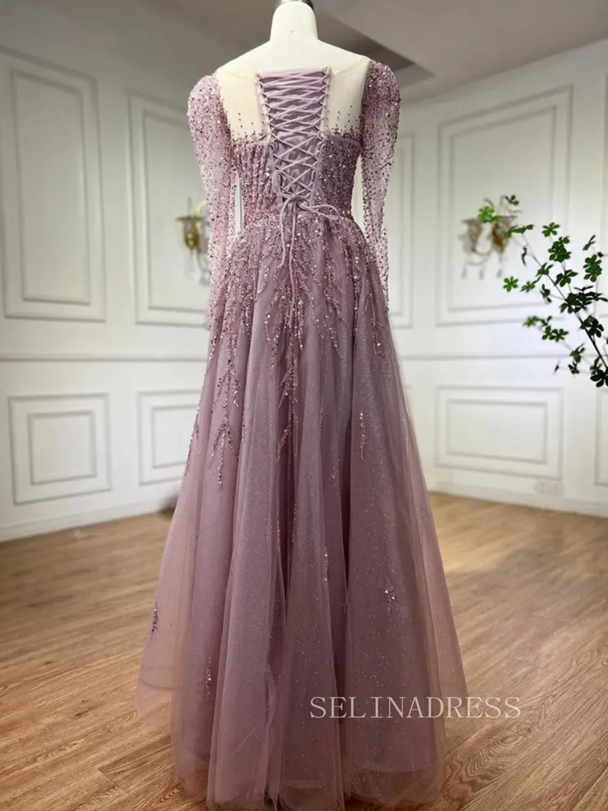Luxury Scoop Long Sleeve Evening Gowns Beaded Formal Dresses LA71915