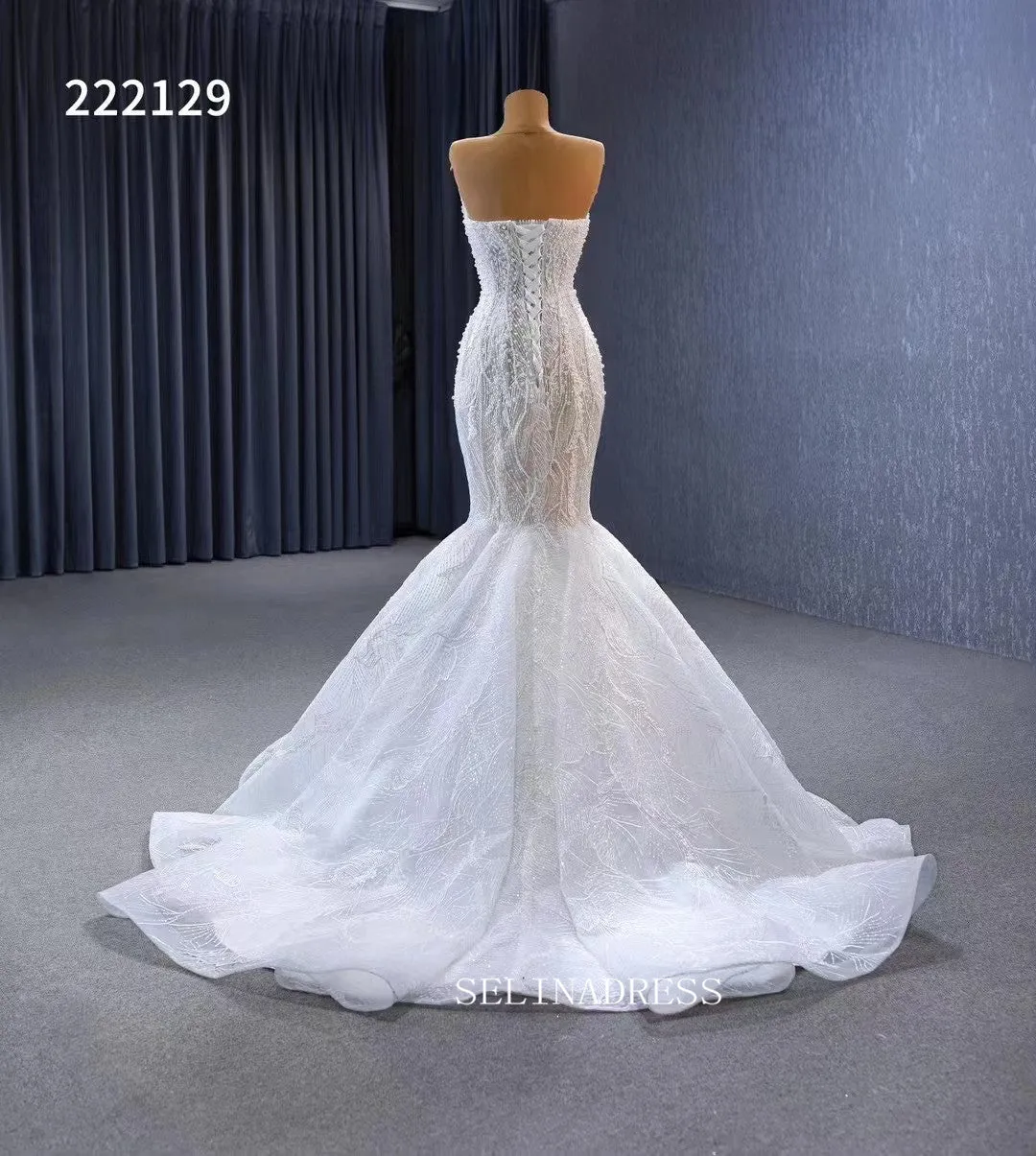 Luxury Strapless Mermaid Beaded White Wedding Dress Bridal Gowns 222129