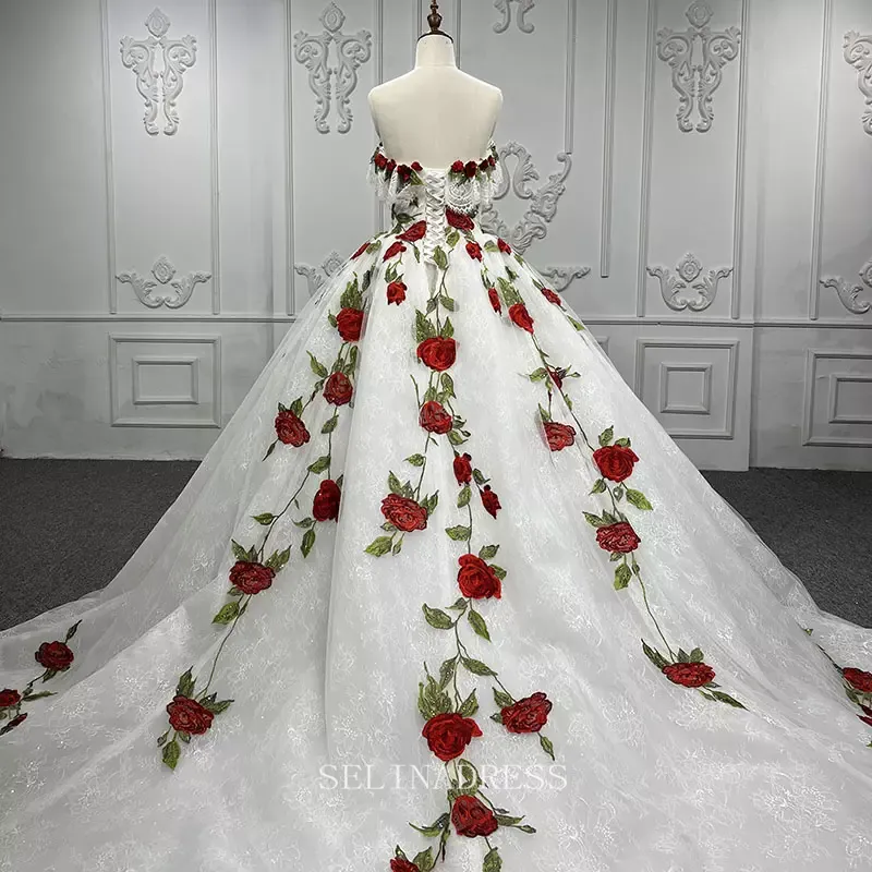 Luxury Sweetheart Flower Embroidery Off Shoulder wedding Gowns Bridal Dress LS9585 Selinadress