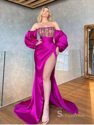 Mermaid Fuchsia Off-the-shoulder Long Prom Dresses Thigh Split Evening Dresses MLK011