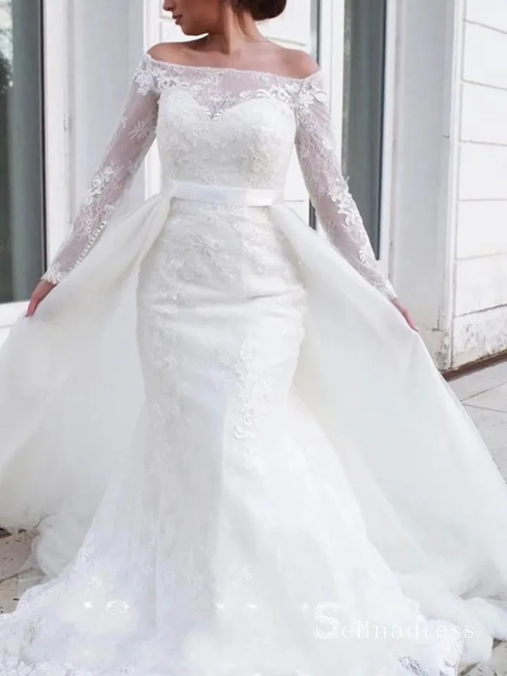 Mermaid Off-the-shoulder White Lace Wedding Dresses Long Sleeve Bridal Gowns CBD391