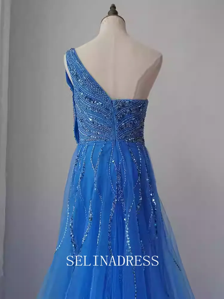 Mermaid One Shoulder Beaded Long Prom Dress Blue Dubai Evening Formal Gown EWR104