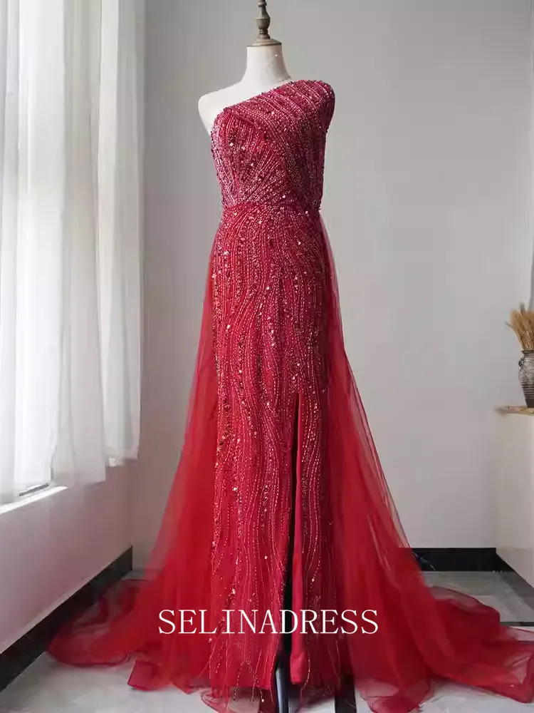 Mermaid One Shoulder Beaded Long Prom Dress Blue Dubai Evening Formal Gown EWR104
