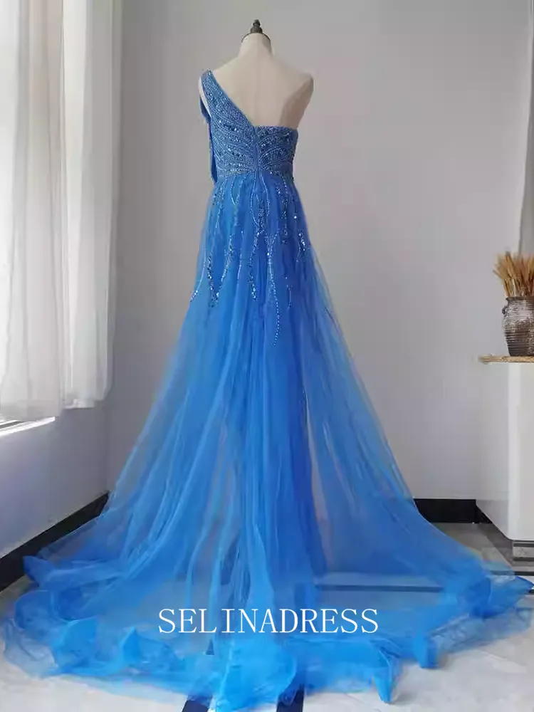 Mermaid One Shoulder Beaded Long Prom Dress Blue Dubai Evening Formal Gown EWR104