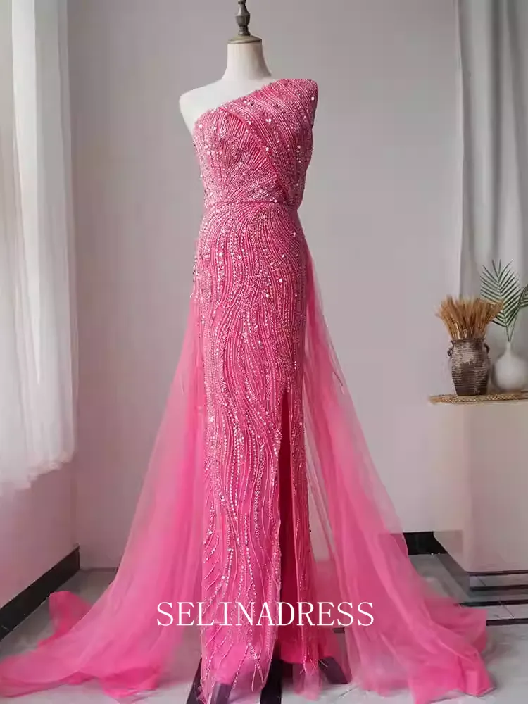 Mermaid One Shoulder Beaded Long Prom Dress Blue Dubai Evening Formal Gown EWR104