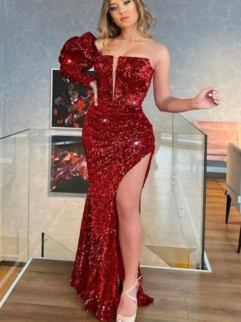 Mermaid One Shoulder Burgundy African Prom Dress Sequins Long Evening Formal Dress #POL034