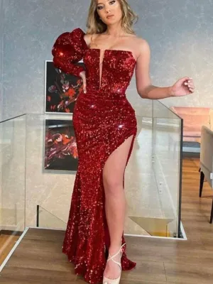 Mermaid One Shoulder Burgundy African Prom Dress Sequins Long Evening Formal Dress #POL034