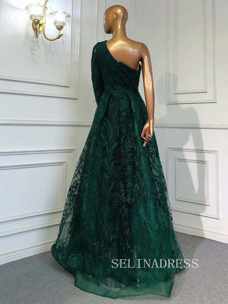 Mermaid One Shoulder Green Long Prom Dress Beaded Evening Formal Gown hlks012