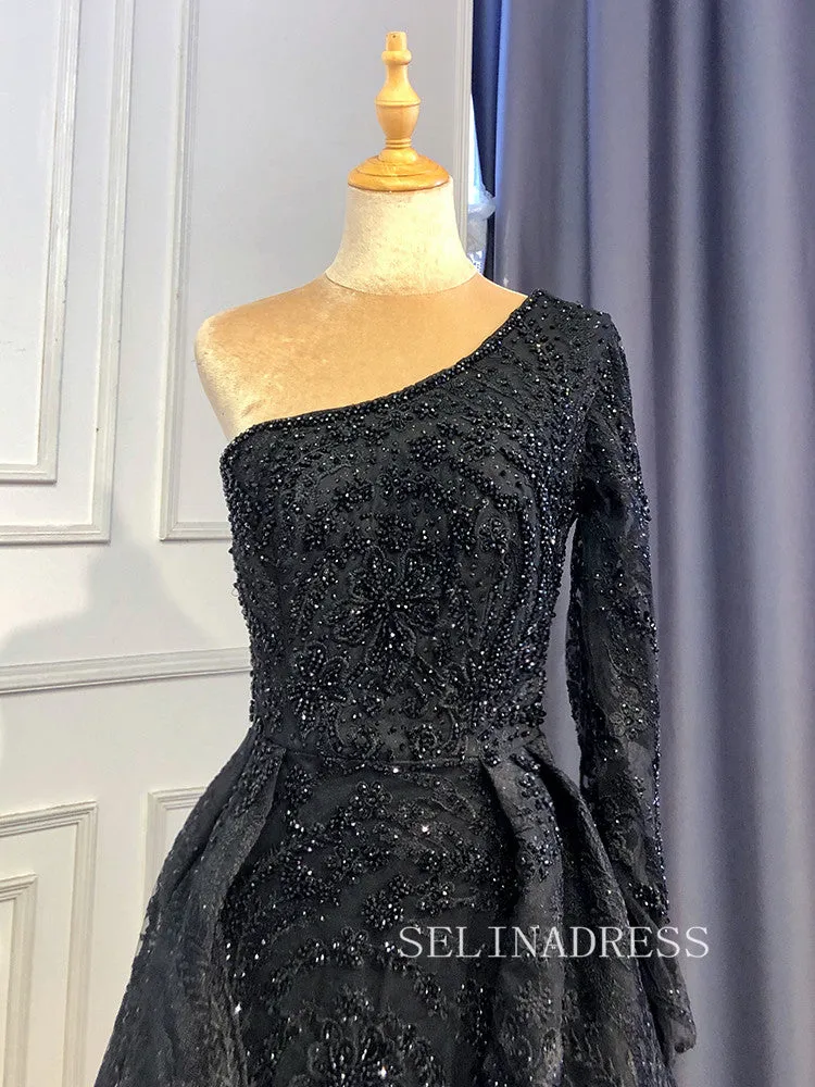 Mermaid One Shoulder Green Long Prom Dress Beaded Evening Formal Gown hlks012