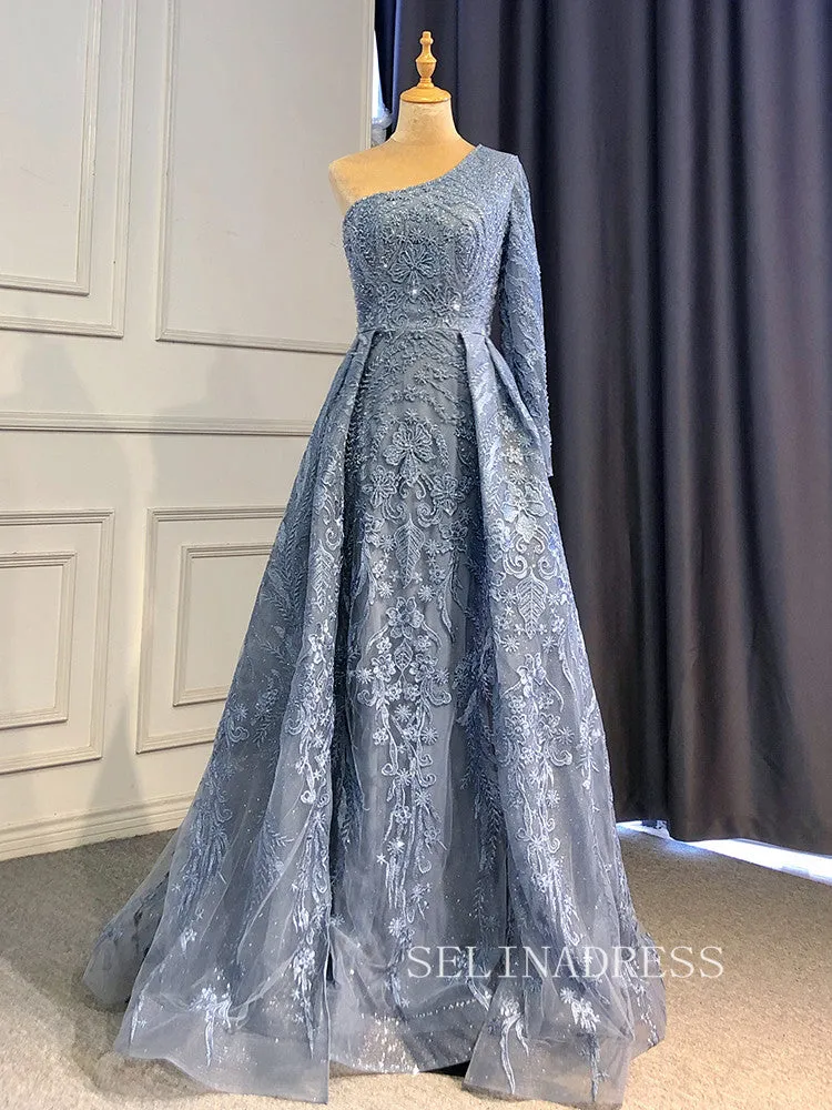 Mermaid One Shoulder Green Long Prom Dress Beaded Evening Formal Gown hlks012