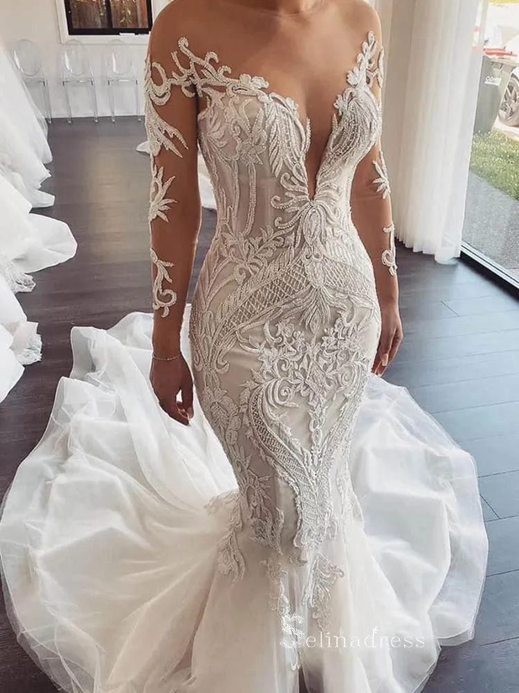 Mermaid Scoop See Through Wedding Dresses With Long Sleeve Bridal Gowns CBD393