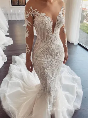 Mermaid Scoop See Through Wedding Dresses With Long Sleeve Bridal Gowns CBD393