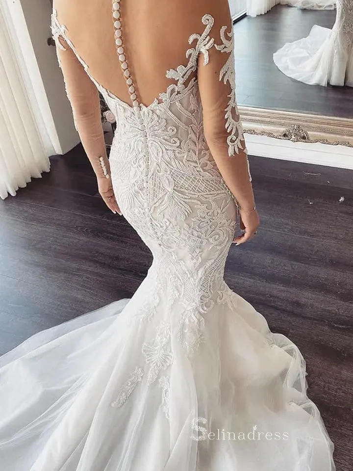 Mermaid Scoop See Through Wedding Dresses With Long Sleeve Bridal Gowns CBD393
