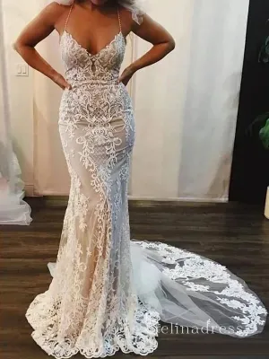 Mermaid Spaghetti Straps Vintage Wedding Dresses Lace Wedding Gowns CBD073