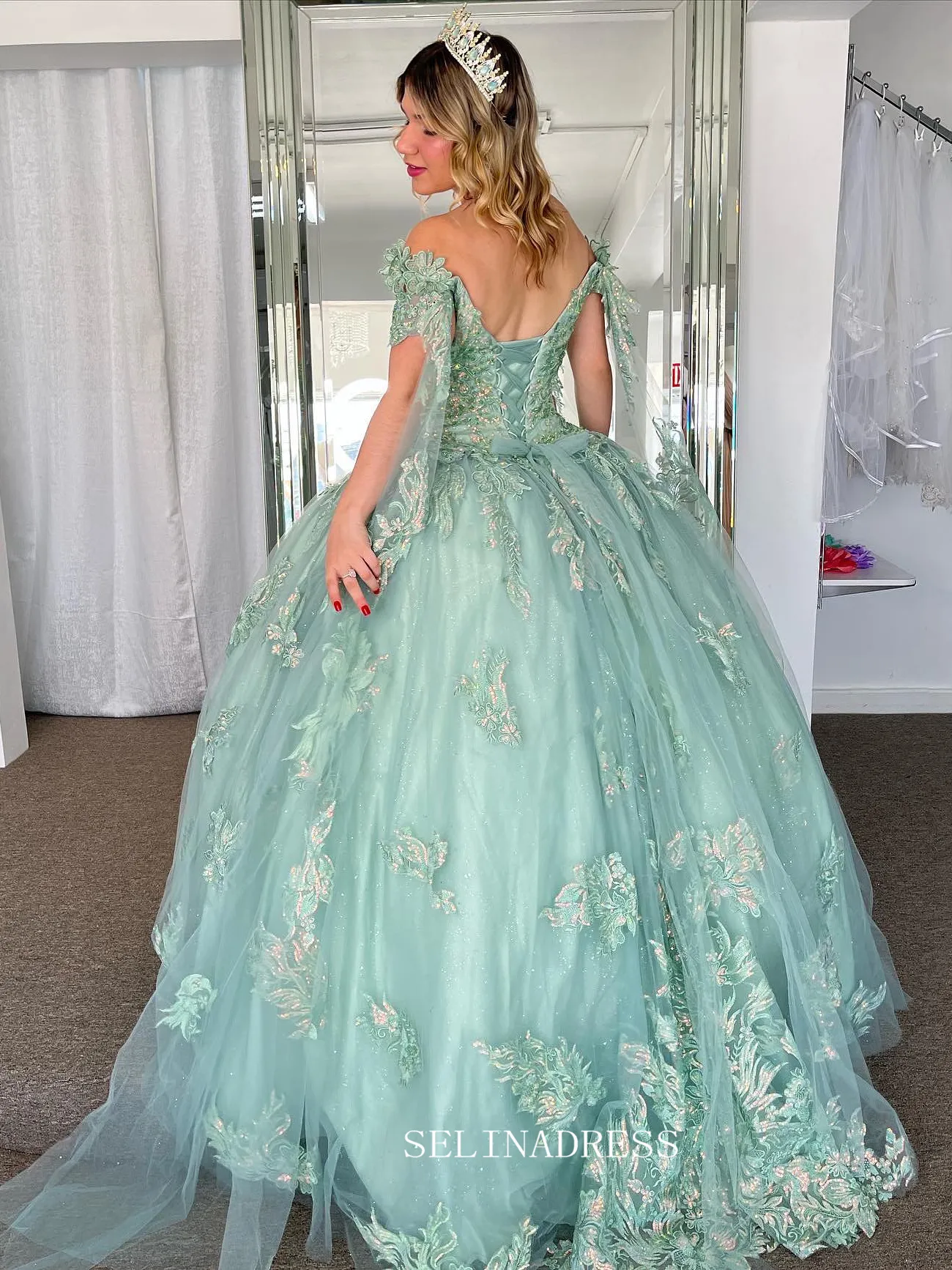 Off-the-shoulder Embroidery Ball Gown Princess  Mint Green Formal Gowns Evening Dress sew1090