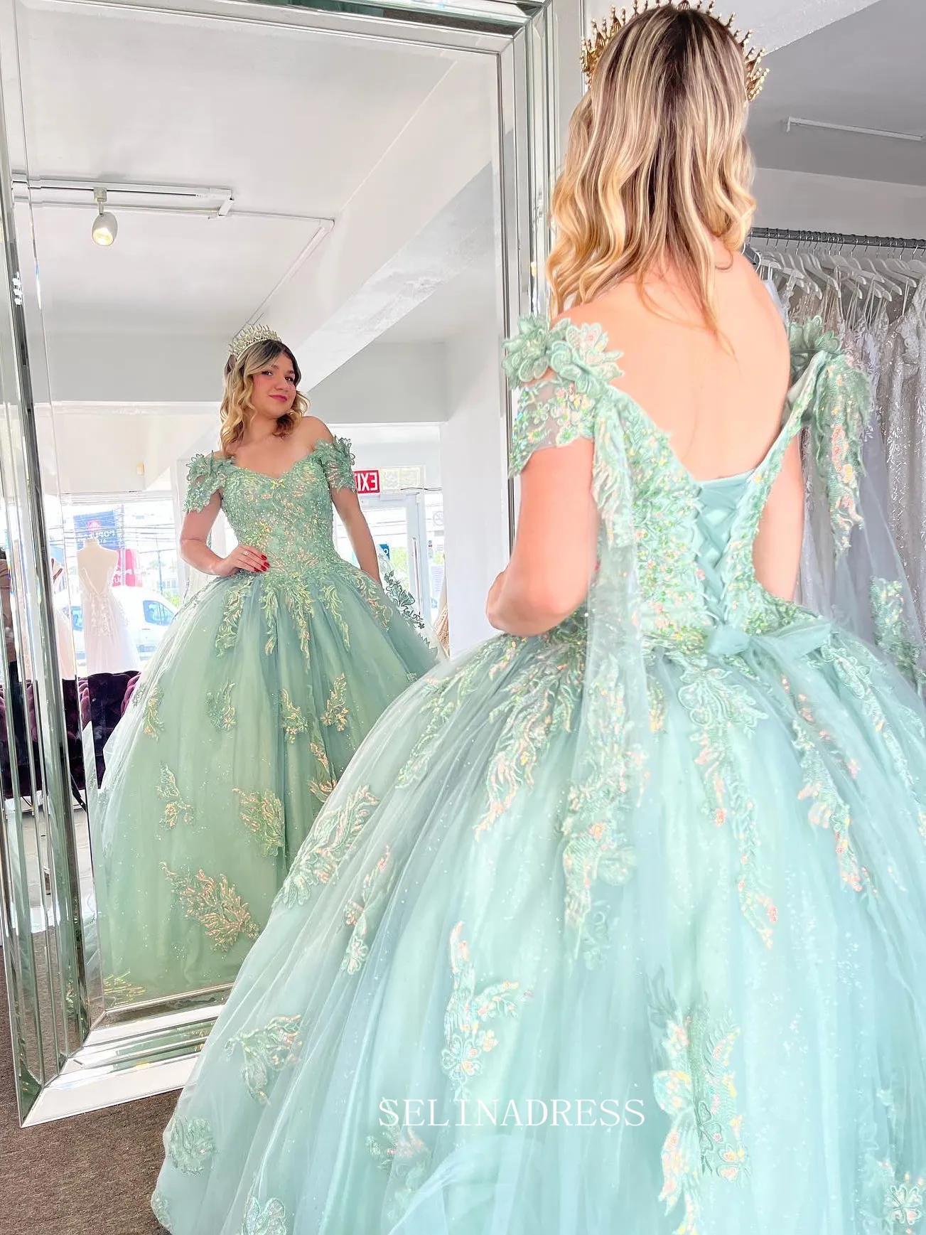 Off-the-shoulder Embroidery Ball Gown Princess  Mint Green Formal Gowns Evening Dress sew1090