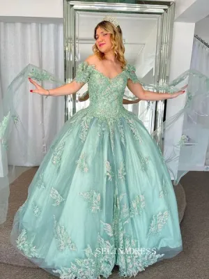 Off-the-shoulder Embroidery Ball Gown Princess  Mint Green Formal Gowns Evening Dress sew1090