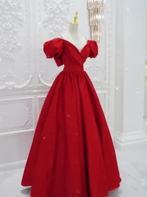 Red V Neck Satin Long Prom Dress, Red Formal Evening Dresses