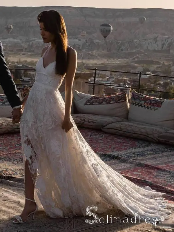 Rustic Rose Lace Wedding Dresses Sweep Train Beach Spaghetti Strap Boho Wedding Dress SEW006