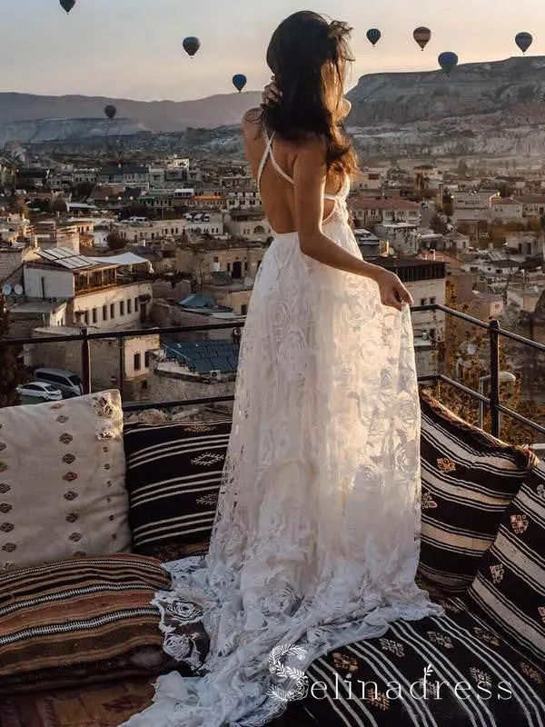 Rustic Rose Lace Wedding Dresses Sweep Train Beach Spaghetti Strap Boho Wedding Dress SEW006