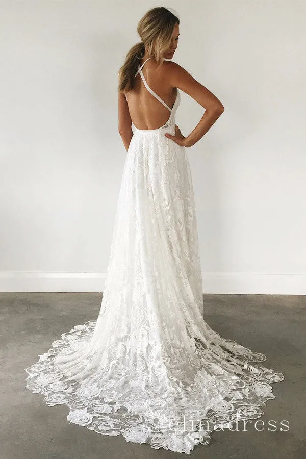 Rustic Rose Lace Wedding Dresses Sweep Train Beach Spaghetti Strap Boho Wedding Dress SEW006