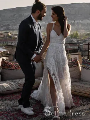 Rustic Rose Lace Wedding Dresses Sweep Train Beach Spaghetti Strap Boho Wedding Dress SEW006