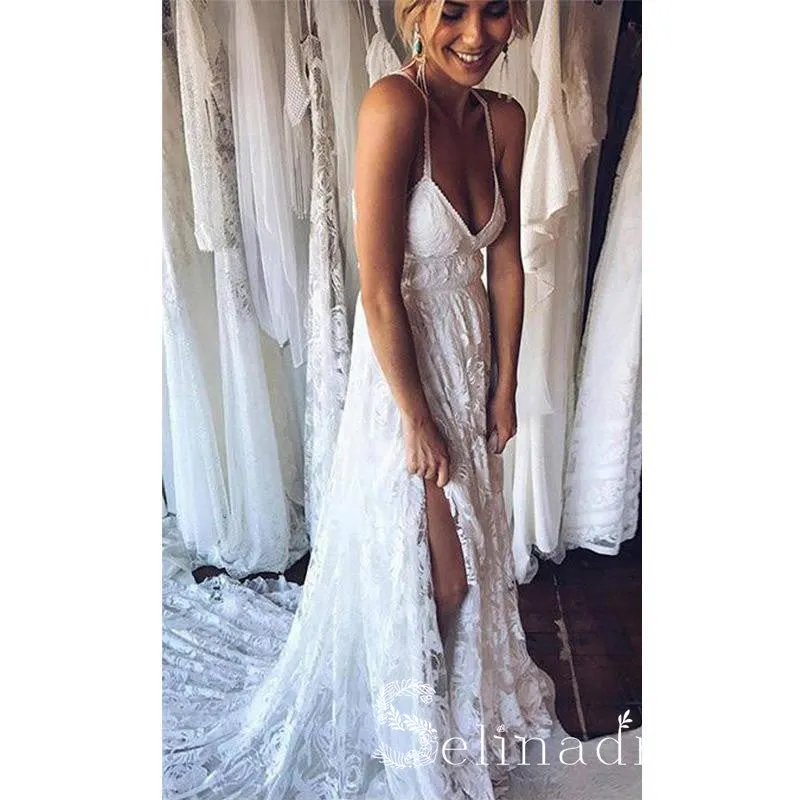 Rustic Rose Lace Wedding Dresses Sweep Train Beach Spaghetti Strap Boho Wedding Dress SEW006