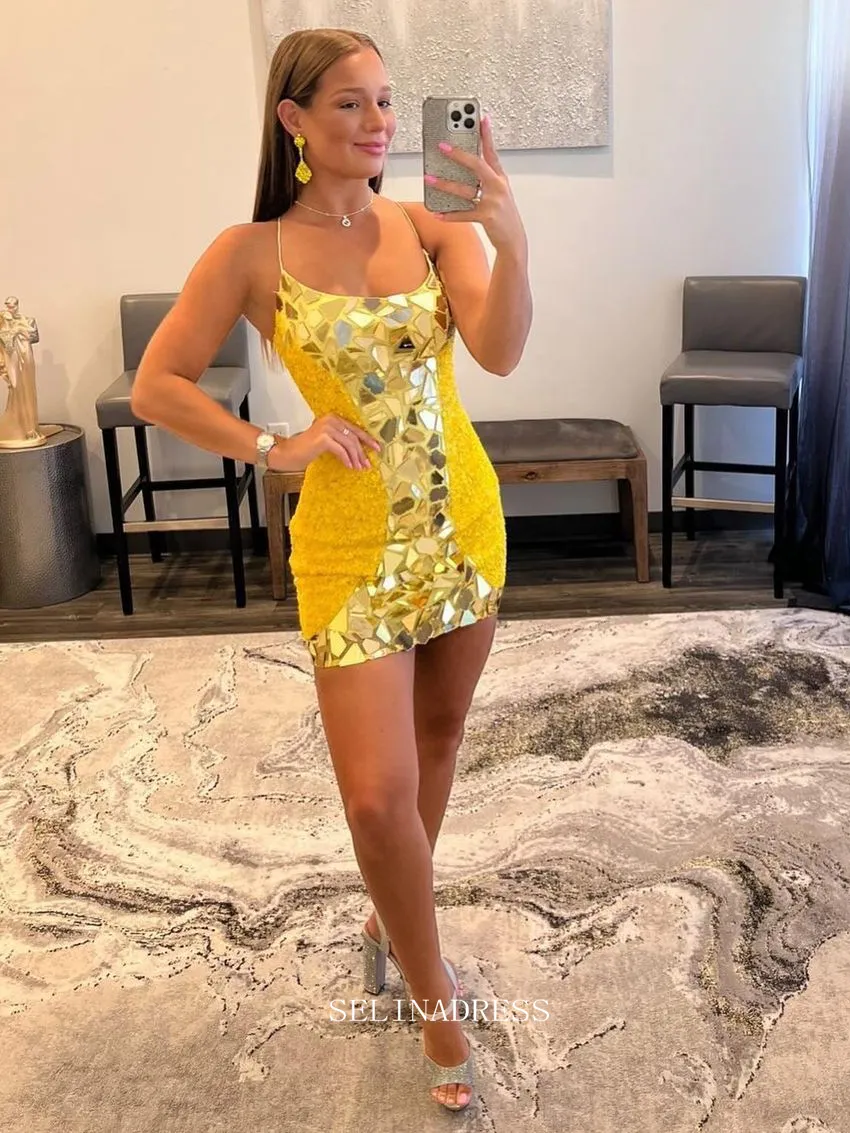 Scoop Spaghetti Straps Yellow Homecoming Dresses Sparkly Short Prom Dress Sequins Cocktail Dresses #TKL085