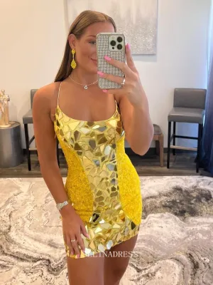 Scoop Spaghetti Straps Yellow Homecoming Dresses Sparkly Short Prom Dress Sequins Cocktail Dresses #TKL085