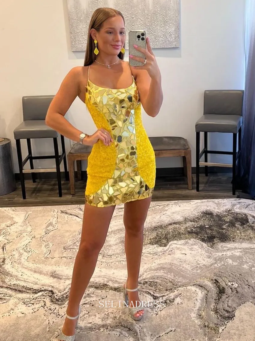 Scoop Spaghetti Straps Yellow Homecoming Dresses Sparkly Short Prom Dress Sequins Cocktail Dresses #TKL085