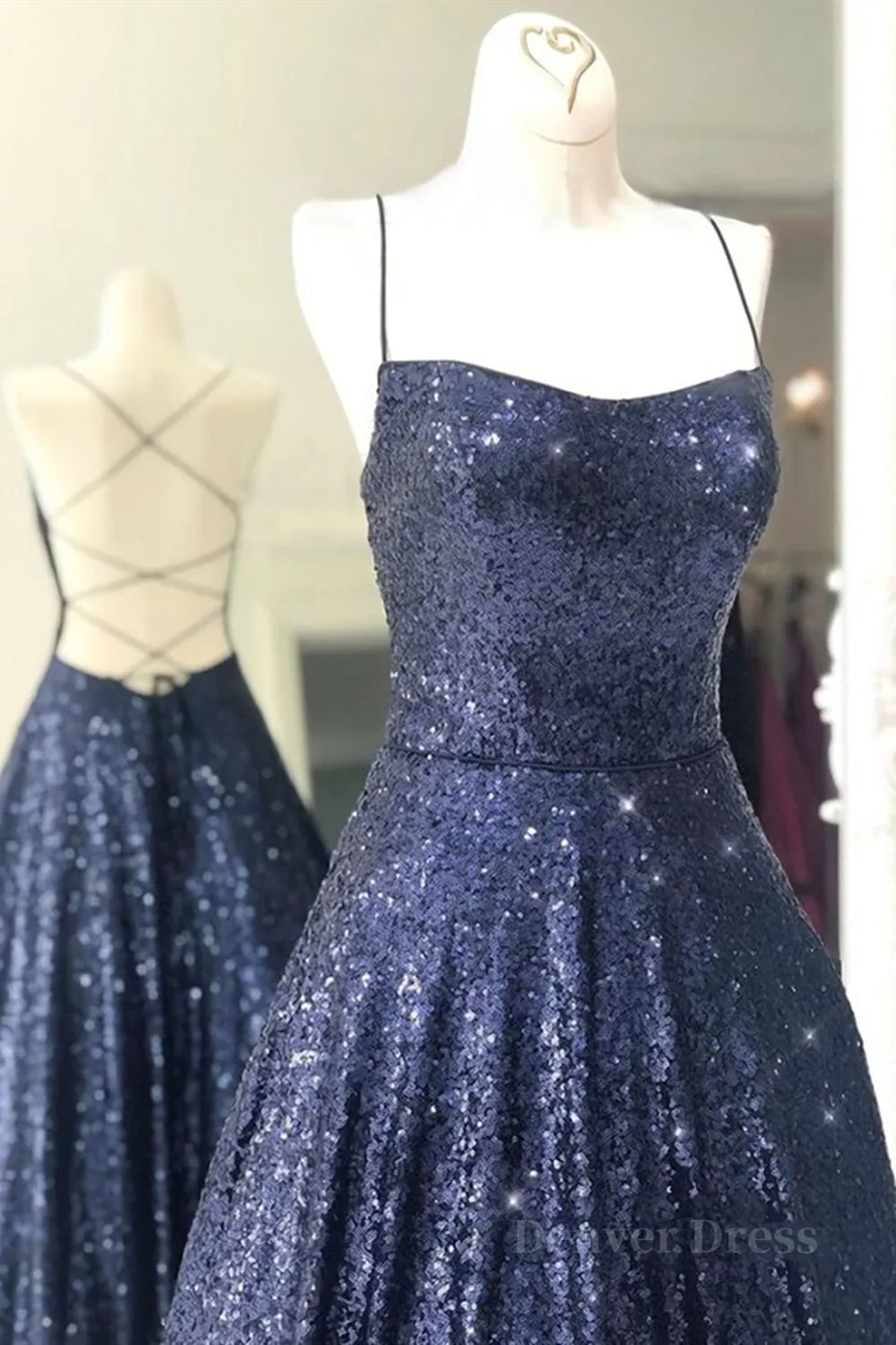Sparkly Backless Navy Blue Long Prom Dresses Open Back Long Navy Blue Formal Evening Dresses