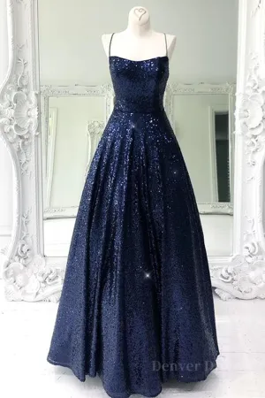 Sparkly Backless Navy Blue Long Prom Dresses Open Back Long Navy Blue Formal Evening Dresses