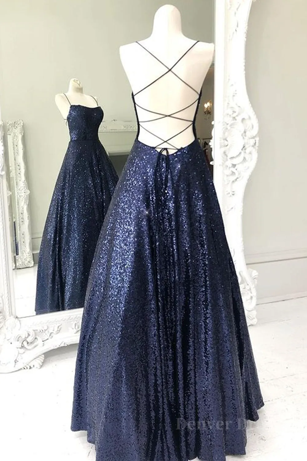 Sparkly Backless Navy Blue Long Prom Dresses Open Back Long Navy Blue Formal Evening Dresses