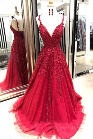 V Neck Backless Burgundy Lace Long Prom Dresses Burgundy Lace Formal Graduation Evening Dresses